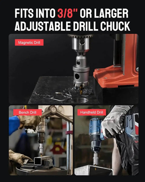 Pro Grade Heavy Duty TCT Hole Saw Kit For Hard Metal With Tungsten Carbide Tipped Cutters in use with various drills
