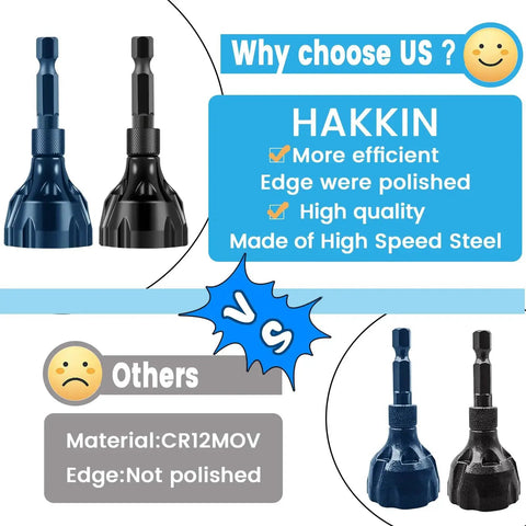 Versatile Hex Shank Deburring Tool With Carbide Blade Hakkin Pro Grade 2 Pack compared to CR12MOV material; Hakkin tools shown in blue and black.