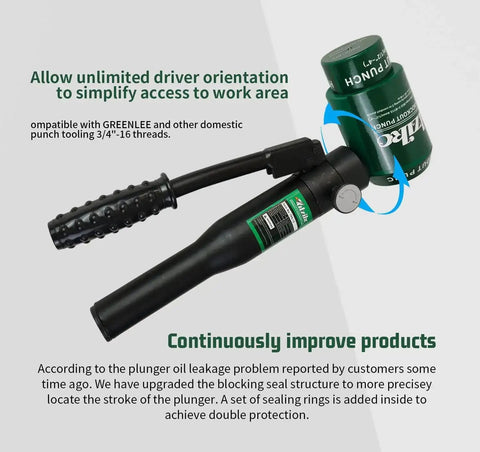 12 Ton Hydraulic Knockout Punch Kit For Electrical Conduit handle and punch tool, GREENLEE compatible, 3/4-16UN thread shown