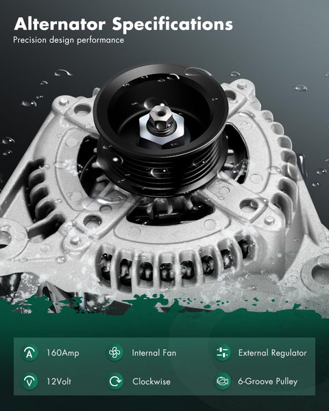Close-up of Beefed Up 160 Amp High Output Alternator Replacement for Dodge Dakota 3.7L 2004 to 2006, showing specifications.