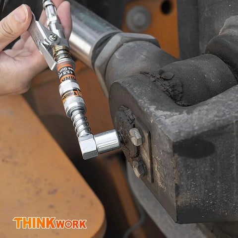 Powerful 0.53 Inch 90 Degree Grease Gun Coupler Set With Quick Release And 12 Inch Flex Hose Strong Lock On Design 12000 PSI