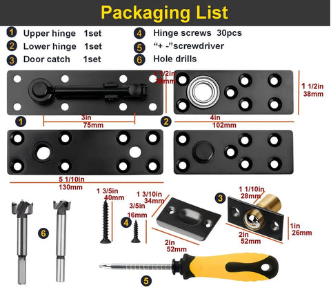 Packaging list showing parts of heavy duty hidden door hinges with 600 lbs load rating, thickened solid steel, waterproof finish, pivot kit.