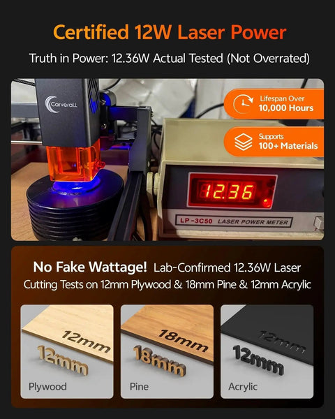 Dope 12W Laser Engraver And Cutter For Wood Metal Acrylic Glass Stone With 7.9 by 11.8 Inch Bed Perfect For DIY CNC Projects Portable Offline Engraver Carver K15 Pro Silvery Class 1 For Makers, showing laser power meter display at 12.36W with wood samples
