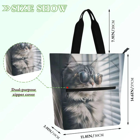 Cool Cat Sunglasses Tote Bag With Zipper For Kids And Women Spacious 30x10x37cm Reusable School Work Travel Purse Water Resistant Polyester