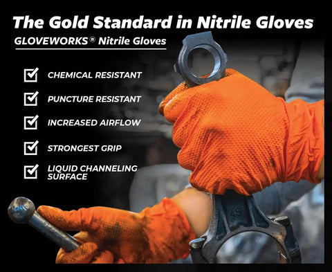 Worker wearing Orange Nitrile Work Gloves 8 Mil Heavy Duty Raised Diamond Grip 5 Boxes holding tool in auto shop setting.