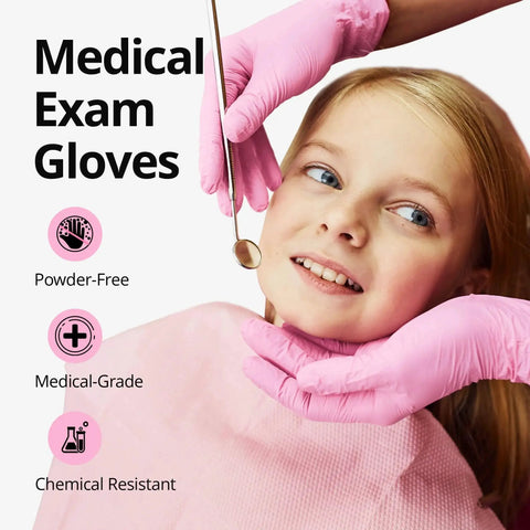 Pink Nitrile Gloves 3 Mil Latex Free Powder Free for Cleaning 100 Count worn by dentist examining child