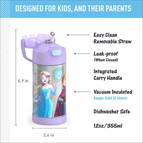 Kids Stainless Steel Water Bottle With Straw And Lid, 12 Ounce Vacuum Insulated Keeps Drinks Cold Up To 12 Hours, Frozen 2 Design