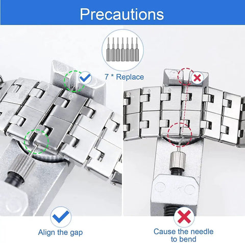 Watch Link Removal Kit With Leather Strap Punch And Durable Band Tool For Quick Repair showing band alignment instructions