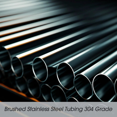 Brushed stainless steel tubing, 1-inch OD, 304 grade, metal pipes stacked in a row.