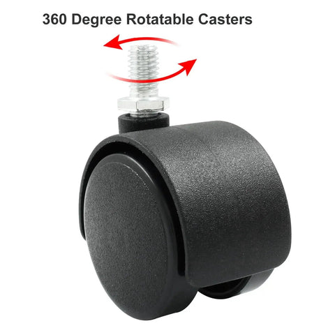 Close-up of a black 1.5 inch swivel caster wheel with 8 mm M8 threaded stem, heavy duty nylon design, for furniture and shelves replacement.
