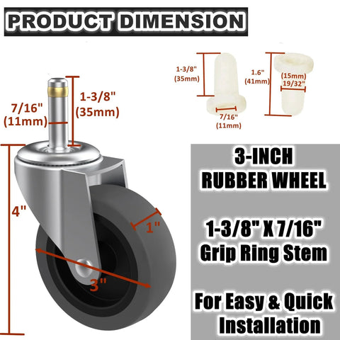 Three Inch Swivel Stem Caster Set Of Four For Rubbermaid Mop Buckets And Utility Carts With Seven Sixteenth Inch Stem Diameter