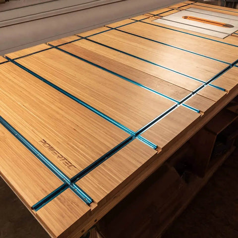 Workbench surface with 2 Sets T Track Intersection Kit With Predrilled Mounting Holes and Wood Screws for universal aluminum T track accessories.