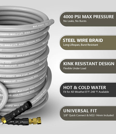 NAVOHEVEN 50ft gray pressure washer hose, 4000 PSI, steel braided, non-marking rubber; 3/8 in quick-connect and M22