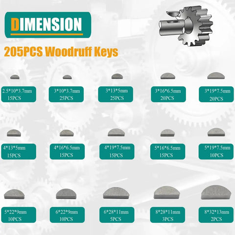 Pro Grade Metal Woodruff Key Assortment Kit With 385 Pieces Including 205 Half Moon Keys And 180 Round Ended Feather Keys sizes chart