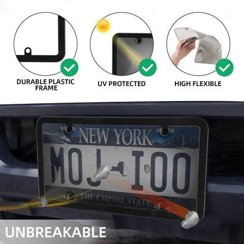 2 Pack Smoked License Plate Covers And Frame Shield Combo For Cars Slick Durable Unbreakable Tinted Cover Bubble Design Plate Holder With Screws And Caps Fits All Standard US Plates Black installed on car displaying durable frame and UV protection features.