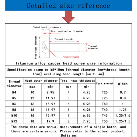 Titanium Alloy Flying Saucer Head Screws Set size chart with measurements for M4 to M12, showing detailed dimensions and specifications