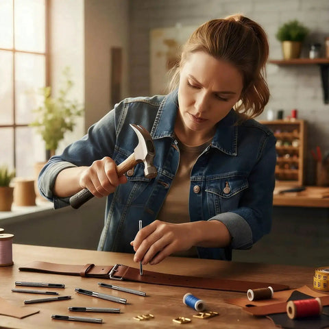 Woman using 7 Piece Hollow Leather Hole Punch Set With Anti Slip Grip Round Punches for leather crafting on a workbench.