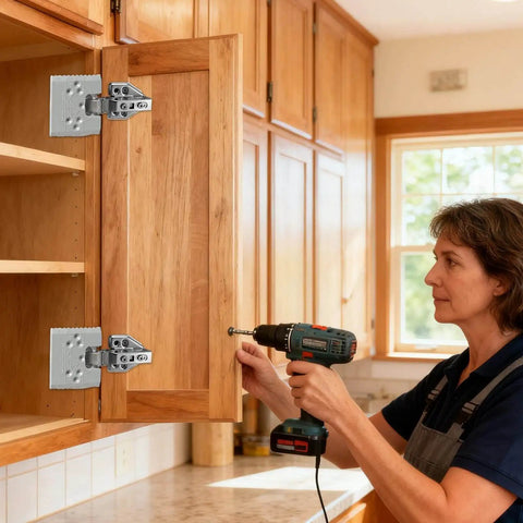 Person installing cabinet door using Door Hinge Router Jig With Adjustable Mortise Guide And 2mm Precision Groove