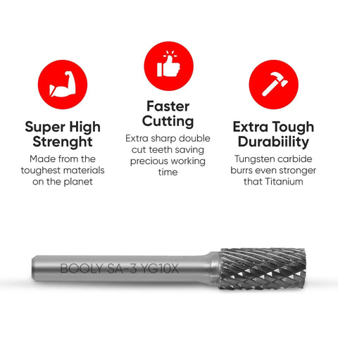Premium Die Grinder Bits Set With Carbide Burrs For Metal, 8 Pc One Quarter Inch Shank Double Cut Rotary Burrs, displayed with features