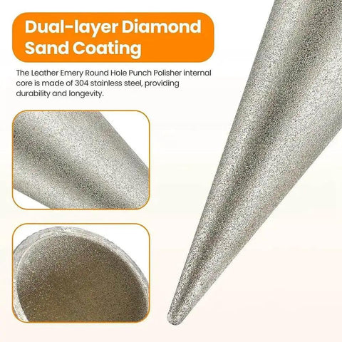 Close-up of Emery-coated Leather Round Hole Punch and Edge Sharpener Tool 3-16mm, showing dual-layer sand coating finish.