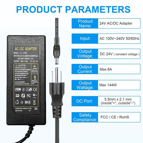 24V DC Power Supply 6A 120W Universal AC to DC Adapter 100V to 240V, 5.5x2.1mm Jack, LED Terminal Connector, Central Positive, 1.2m Cable