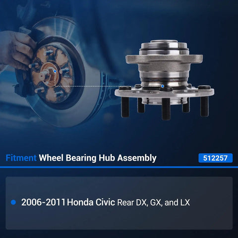 Rear Wheel Bearing Hub Assembly 512257 For Honda Civic 2006 Through 2011 LX DX GX 5 Lug With ABS Encoder Replacement