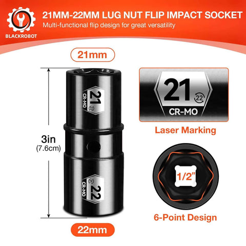 Dual End Flip 21mm 22mm Impact Lug Nut Socket Set For One Half Inch Drive Thin Wall Chromium Molybdenum Steel 6 Point