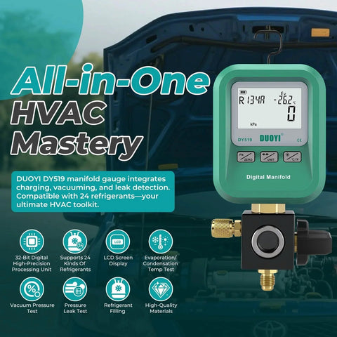 3 In 1 HVAC Digital Manifold Gauge For Refrigerant Charging Vacuum Testing And Leak Detection NIST Compatible High Precision Pressure Meter For AC Pros And DIYers All In One Tool For Fast And Accurate System Service in front of a car hood showcasing display and features.