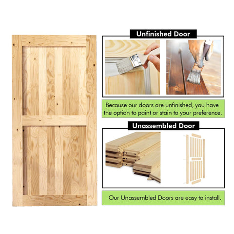 Unfinished wooden door with painting tools and unassembled door parts, highlighting easy installation options.