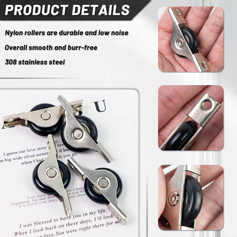 Eight Pack Sliding Door Pulleys For Cabinets And Furniture Dope Hardware Wheels For Windows Patio Doors And Glass Doors Smooth Roller Replacement 0.76 Cm Thick Ideal For Home Renovations And DIY Projects with nylon and stainless steel close-up.