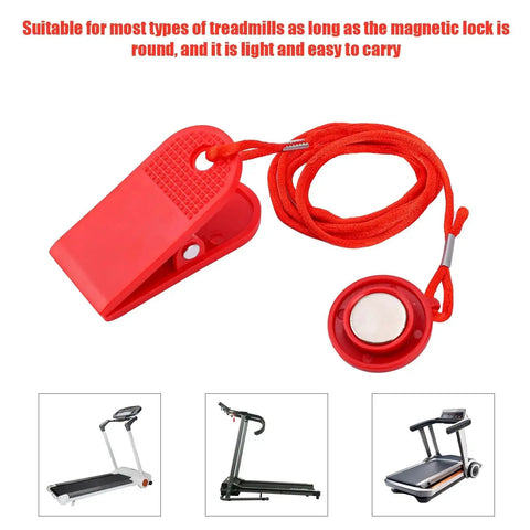 Universal Treadmill Safety Key Replacement With Emergency Stop Magnet, red PVC, long cord, clip-on accessory for home gym use.