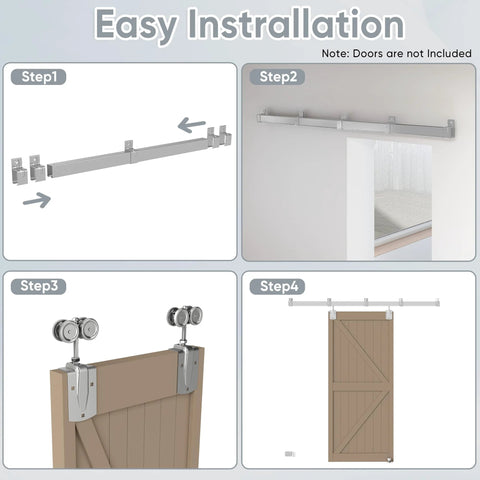 Installation guide of 12 Foot Box Rail Exterior Barn Door Hardware Kit For Two Doors System in silver galvanized steel.