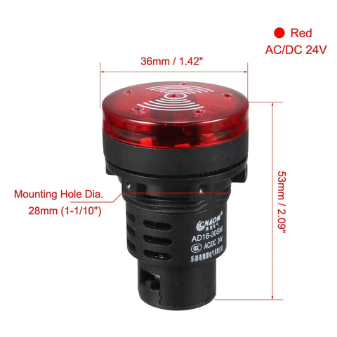 Red Indicator Light With Buzzer 24V AC DC Panel Mount 28mm dimensions and details