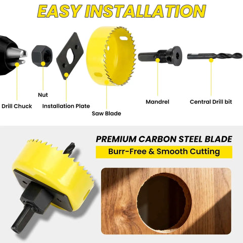 Image showing Six Piece Premium Hole Saw Kit with Mandrels and Hex Key 1-1/4 to 2-1/8 inch, featuring detailed components.