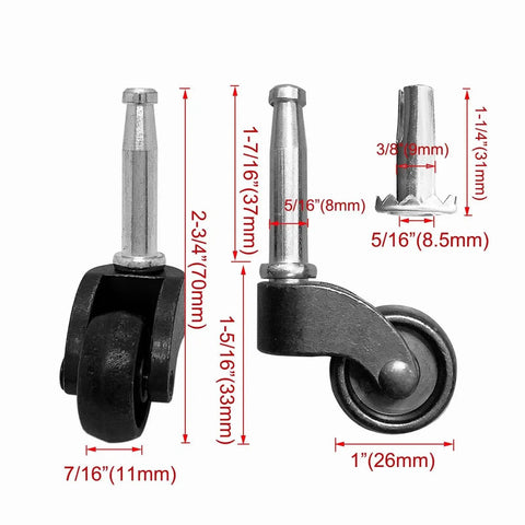 Swivel Stem Ball Caster Wheel Set For Furniture, 1 Inch Ball, Heavy Duty Zinc Alloy Castors With Socket Mount, Vintage Black Finish