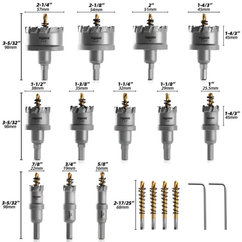 Pro Grade Tungsten Carbide Tipped Hole Saw Kit For Metal Sixteen Piece Set Heavy Duty From Five Eighths To Two And A Quarter Inch Cutters