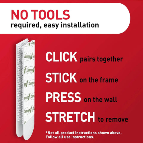 Close-up of Heavy Duty 20 Pound XL Picture Hanging Strips White Adhesive 10 Pairs with installation instructions on a red background.