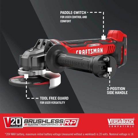 V20 Cordless 4-1/2 Inch Angle Grinder Bare Tool With Brushless Motor Up To 65 Percent More Power, Paddle Switch, and Tool-Free Guard