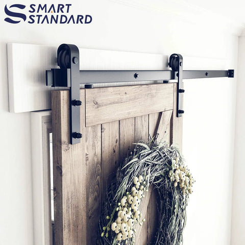 6 Ft Sliding Barn Door Hardware Kit With Track, Pull Handle Set And Floor Guide For 36 Inch Wide Doors installed view