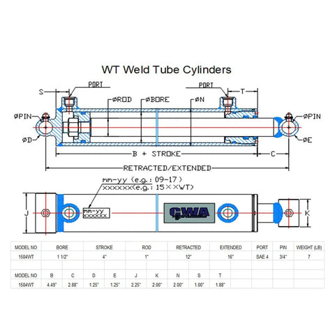 Technical drawing of Weld Cross Tube Hydraulic Cylinder Bore 1.5 Inch Stroke 4 Inch SAE 4 Port with dimensions and specifications.