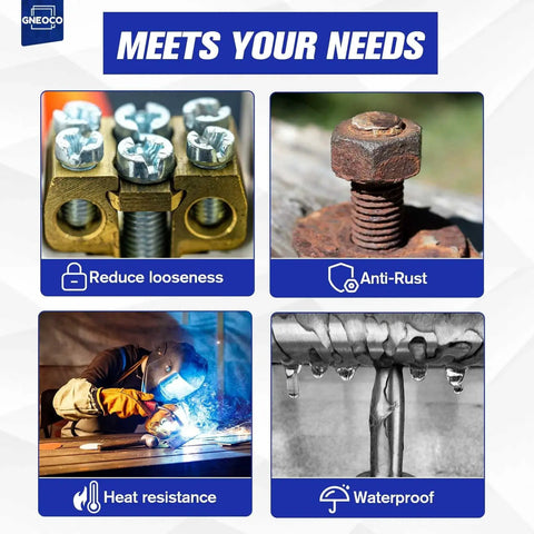 Blue Thread Locker Medium Strength For Nuts Bolts And Fasteners Removable Anaerobic Adhesive This 50ml Bottle Prevents Loosening From Vibration In Automotive Machinery And DIY Projects, shown in use reducing looseness, anti-rust, heat resistance, waterproof.