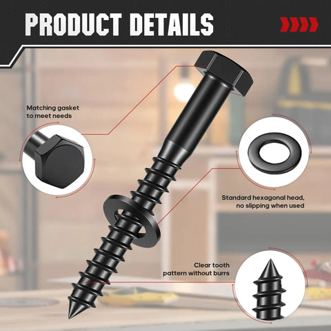 Rugged 5/16 In By 3 In Lag Screws With Washers Black Zinc Plated For Fence, Furniture Installations And Wood Construction