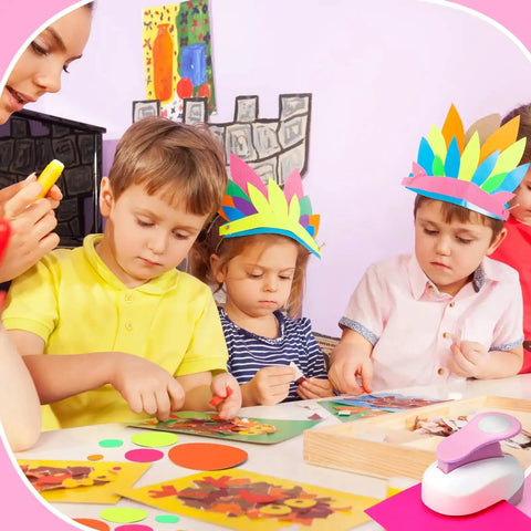 Children crafting with Dope 6 Piece Circle Punch Set For Scrapbooking And Crafts; focus on colorful hairbands and sticker papers.