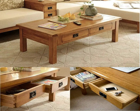 Wooden coffee table with two drawers featuring antique black ring pull handles set of 4 for dresser cabinets doors and furniture drawers.
