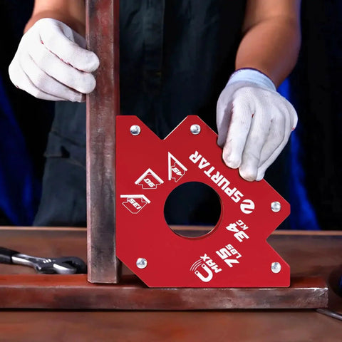 Person using Heavy Duty Welding Magnets 6 Pack With 75 Lb Each, Magnetic Clamps And Holders For Hands Free Welding, Strong Ferrous Metal Positioning Tools, Angles At 45 90 And 135 Degrees, Spurtar to hold metal at 90 degrees