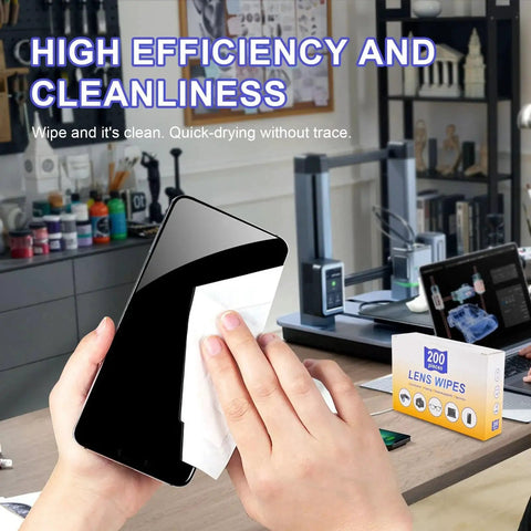 Hand using Pre Wet Lens Wipes For Eyeglasses And Camera Lenses Screens Packaged 200 Pcs to clean a smartphone screen