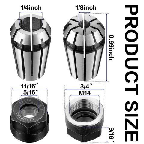 Diagram of 9 Pcs ER11 Spring Collet Nut Set With One Eighth Inch Collets And One Fourth Inch Collets And Clamping Nuts, product sizes shown.