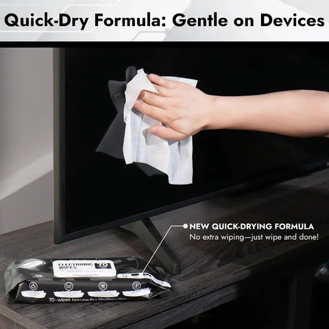Person using streak-free electronics wipes on TV screen; focus on Streak Free Electronics Wipes Screen Cleaner 70 Count 8x10 No Cloth Needed package