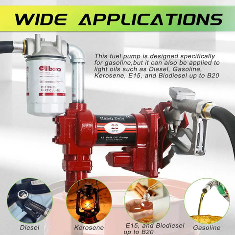 12V Fuel Transfer Pump With Manual Nozzle 20 GPM High Flow DC Powered Heavy Duty Workhorse For Gasoline Diesel Kerosene Biodiesel
