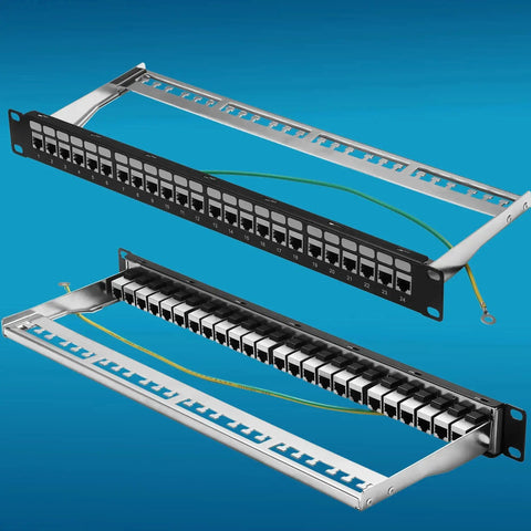 24 Port Cat6A Patch Panel With Inline Keystone 10G Support STP Shielded 19 Inch 1U Network Panel front and side view